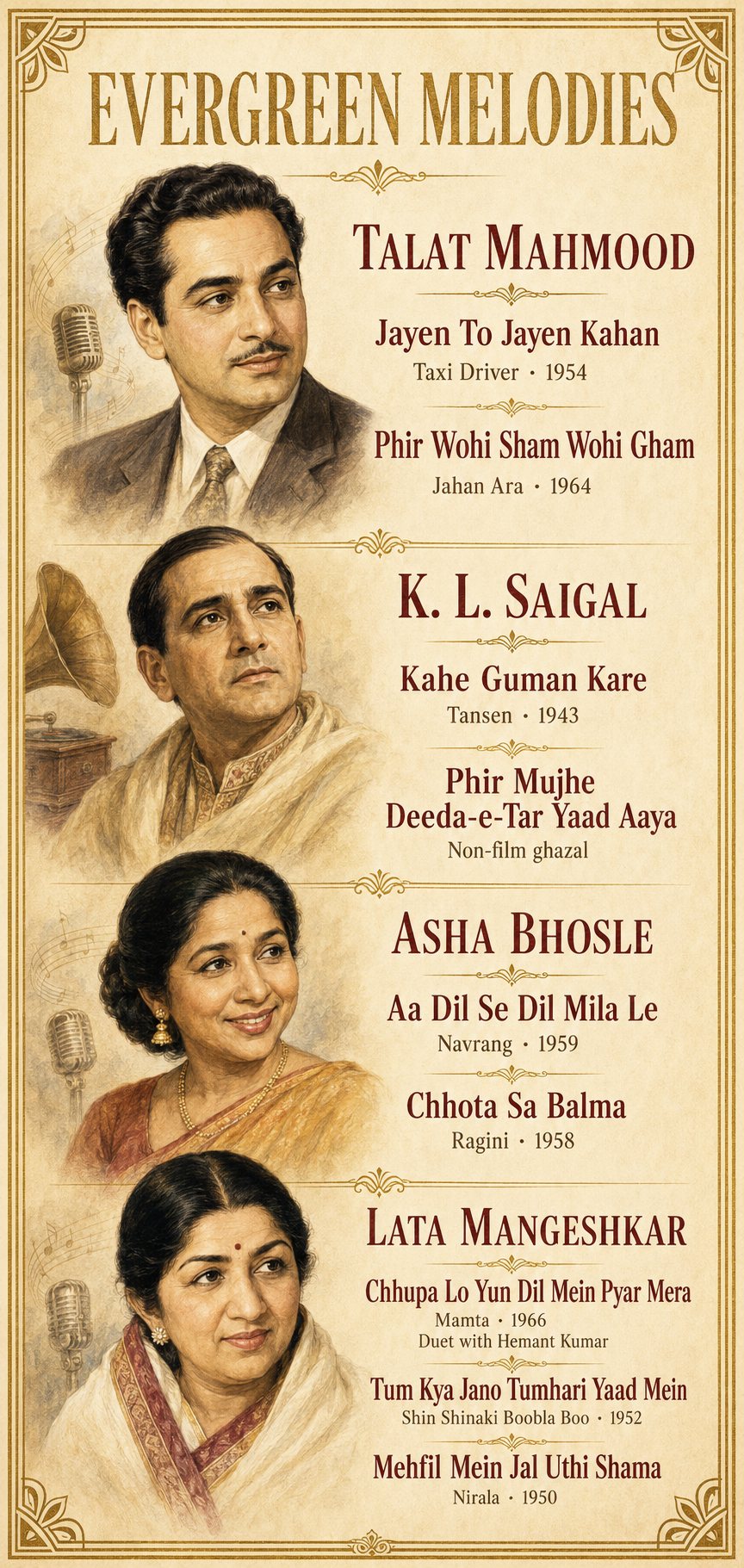 Evergreen melodies: an illustrated tribute to Talat Mahmood, K. L. Saigal, Asha Bhosle and Lata Mangeshkar