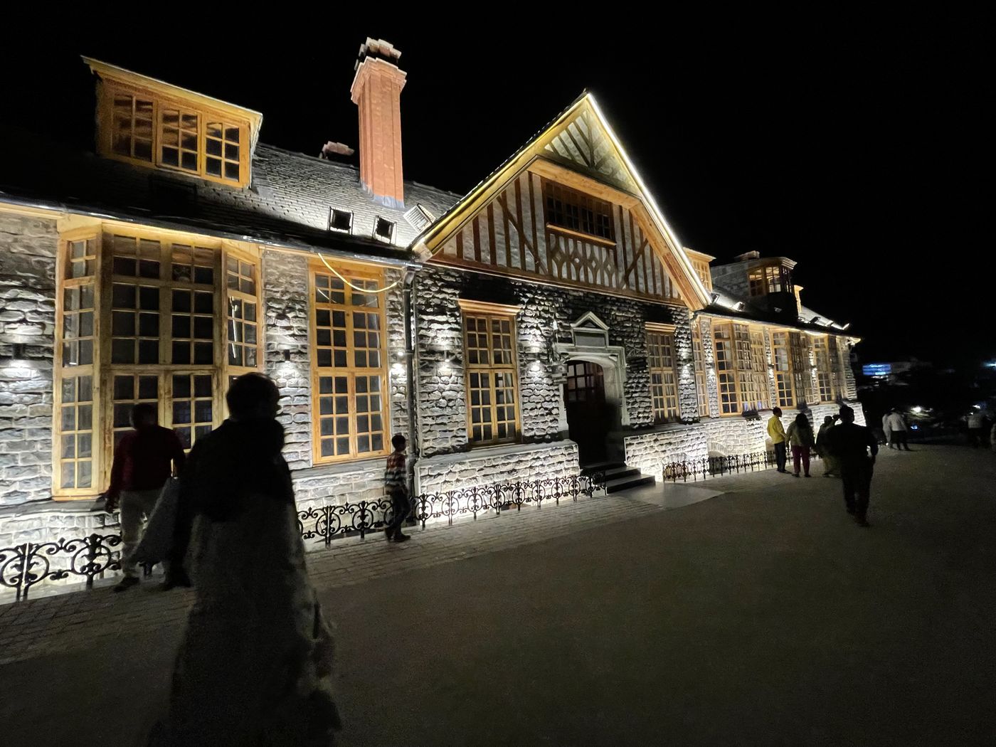 A heritage building lit up at night